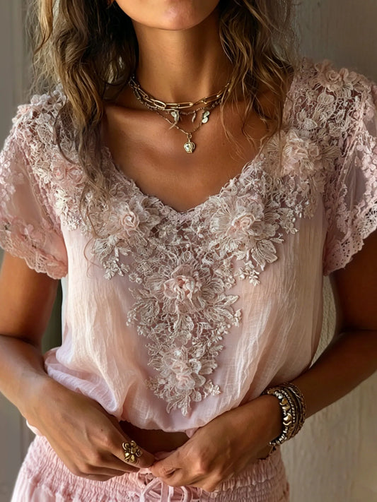 Cardydony Women's Retro Bohemian Style Rose Embroidery Print V-neck Short-sleeve Top