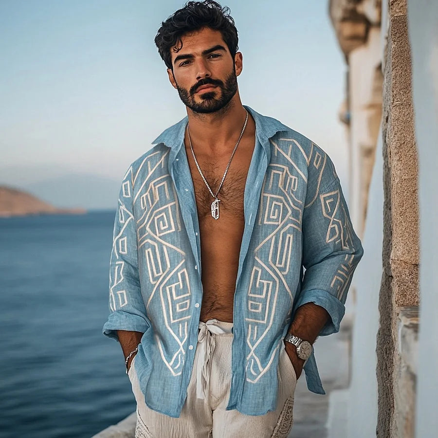 Cardydony Men's Vintage Greek Key Pattern Linen Blend Comfy Blouse