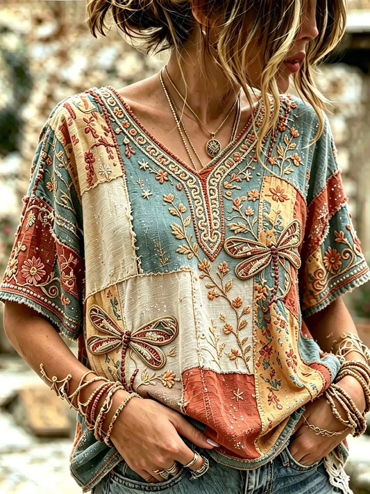 Cardydony Women's Retro Bohemian Hippie Style Floral Dragonfly Embroidered Patchwork Print Short-sleeve V-neck Top