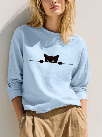 Cardydony Women's Casual Funny Black Cat Print T-shirt