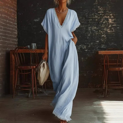Cardydony Women's Elegant Lace-trimmed Linen-cotton Maxi Dress