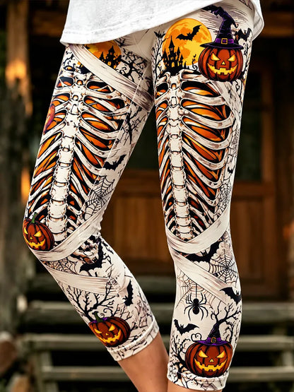 Cardydony Women's Halloween Leggings With Spooky Skeleton Ribcage, Mummy Wraps, And Witch Hat Jack-o'-lantern Print