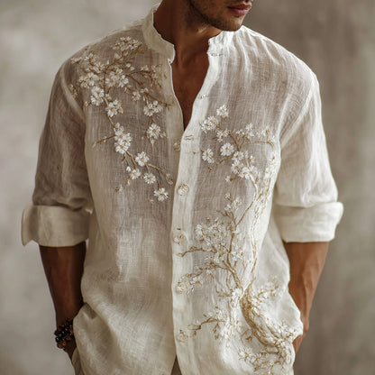 Cardydony Men's Retro Japanese Cherry Blossom Patchwork Pattern Casual Shirt