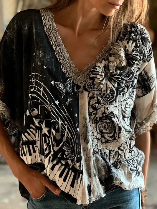 Cardydony Vintage Music And Floral Art Tie-dye Patchwork Cotton Linen V-neck Short-sleeved Top