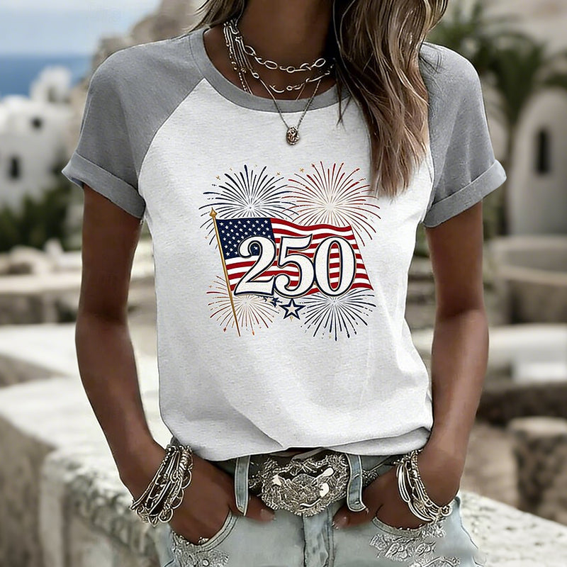 Cardydony Women's Casual American 250th Anniversary Patriotic Print Round Neck T Shirt