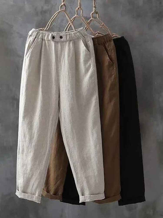 Cardydony Women's Simple Linen Blend Elastic Waist Casual Pants