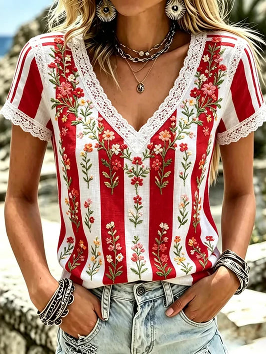 Cardydony Women's Vintage Floral Lace Embroidered Artistic Patchwork Short Sleeve T-shirt