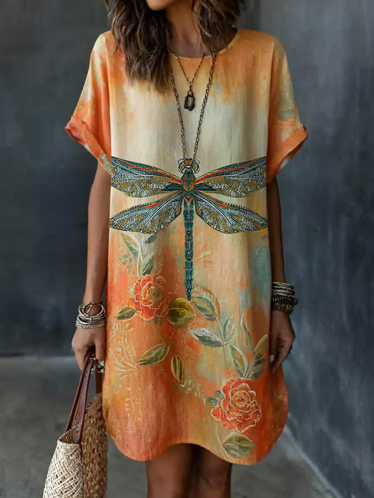 Cardydony Retro Dragonfly And Floral Pattern Cotton Mini Dress