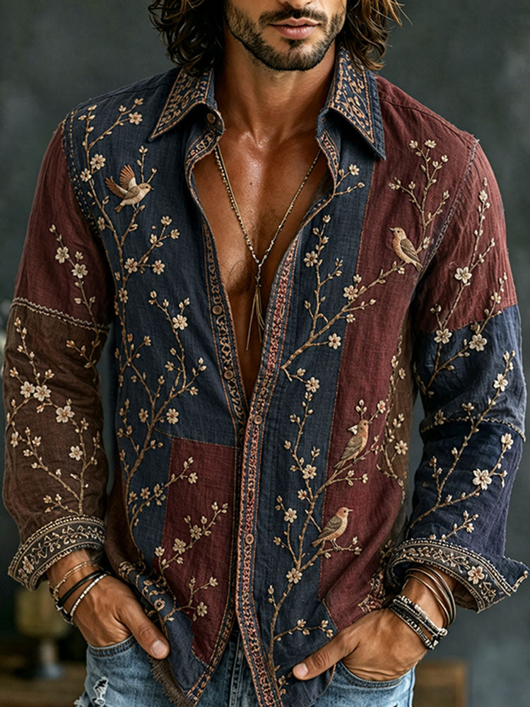 Cardydony Men's Retro Flowers And Birds Patchwork Art Casual Linen Shirt