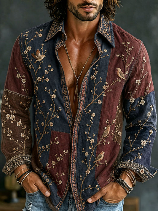 Cardydony Men's Retro Flowers And Birds Patchwork Art Casual Linen Shirt