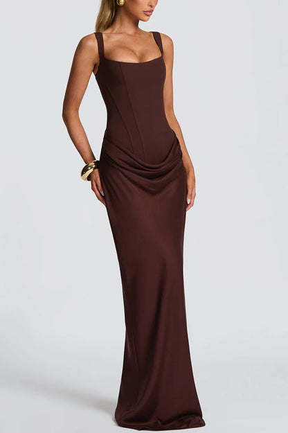 Cardydony Women's Larrah Square Neck Back Lace-up Satin Drape Hem Maxi Dress