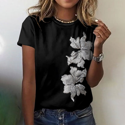 Cardydony Vintage Embroidered Sequin Maple Leaf Pattern Print Art Party Round Neck Tshirt
