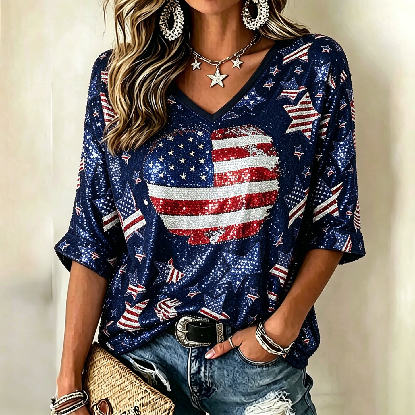 Cardydony Women's Vintage Independence Day Anniversary Heart Art Print T-shirt