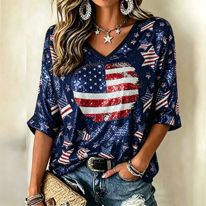 Cardydony Women's Vintage Independence Day Anniversary Heart Art Print T-shirt