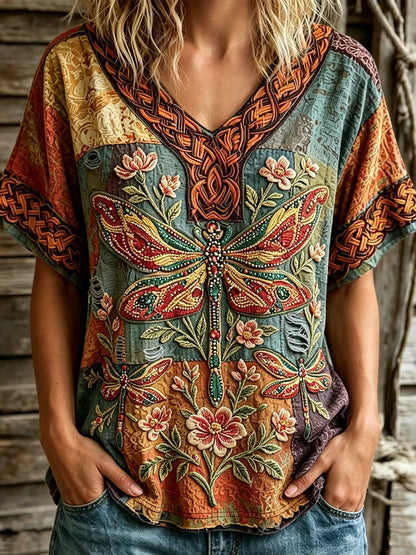 Cardydony Women's Retro Bohemian Hippie Style Floral And Dragonfly Embroidered V-neck Top