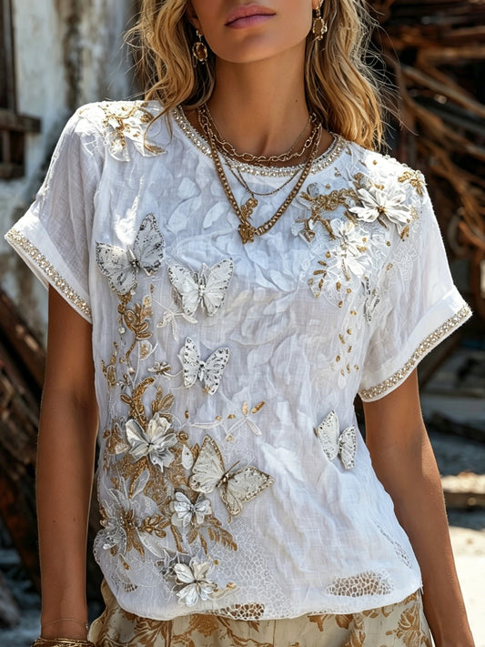 Cardydony Women's Retro Bohemian Style Floral And Butterfly Print T-shirt