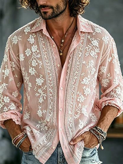 Cardydony Men's Summer Floral Embroidered Art Print Flowy Linen Blend Shirt