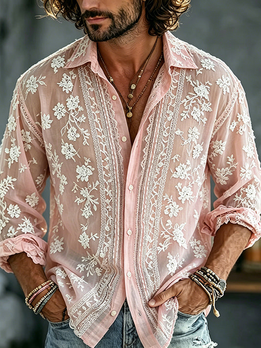Cardydony Men's Summer Floral Embroidered Art Print Flowy Linen Blend Shirt