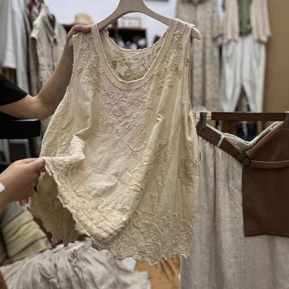 Cardydony Women's Vintage Lace Sleeveless Cotton-linen Vest