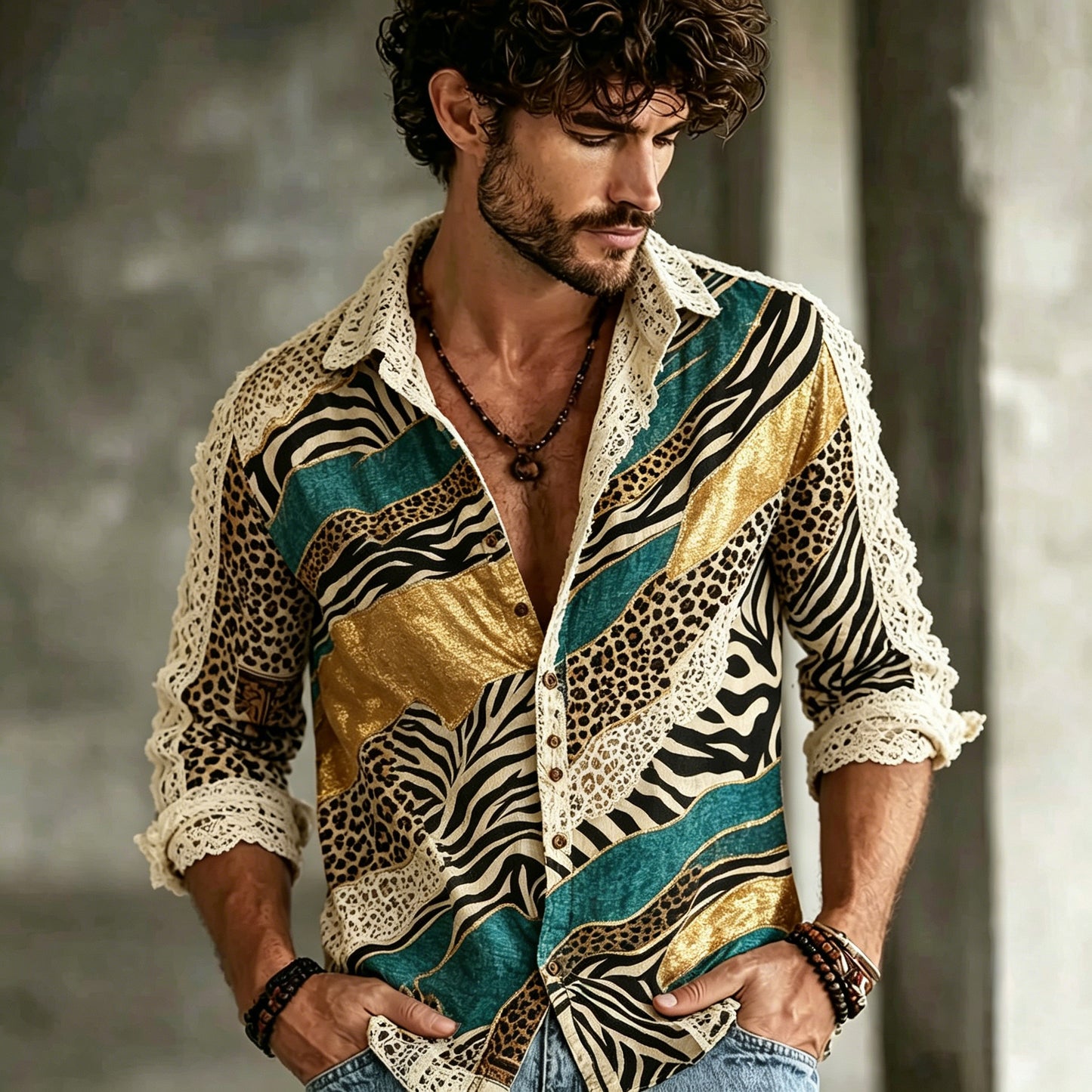 Cardydony Men's Color-blocked Leopard Print Lace Long-sleeved Cotton And Linen Shirt