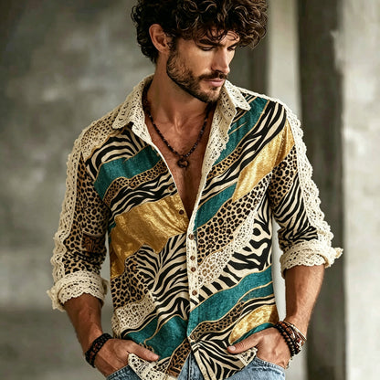 Cardydony Men's Color-blocked Leopard Print Lace Long-sleeved Cotton And Linen Shirt