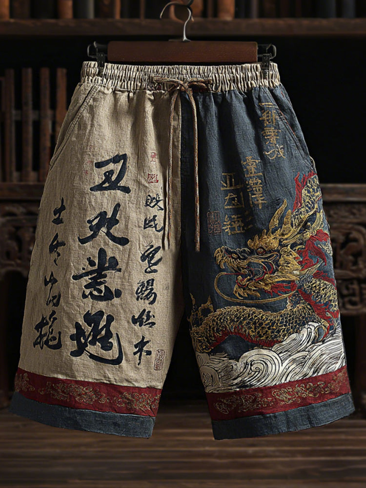 Cardydony Men's Japanese-style Linen Shorts With Dragon And Calligraphy Patterns
