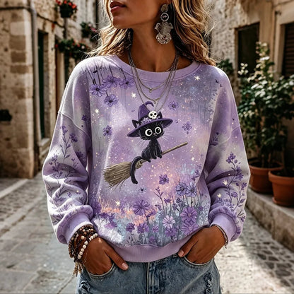 Cardydony Women's Retro Floral Black Cat Witch Design Crew Neck Sweatshirt