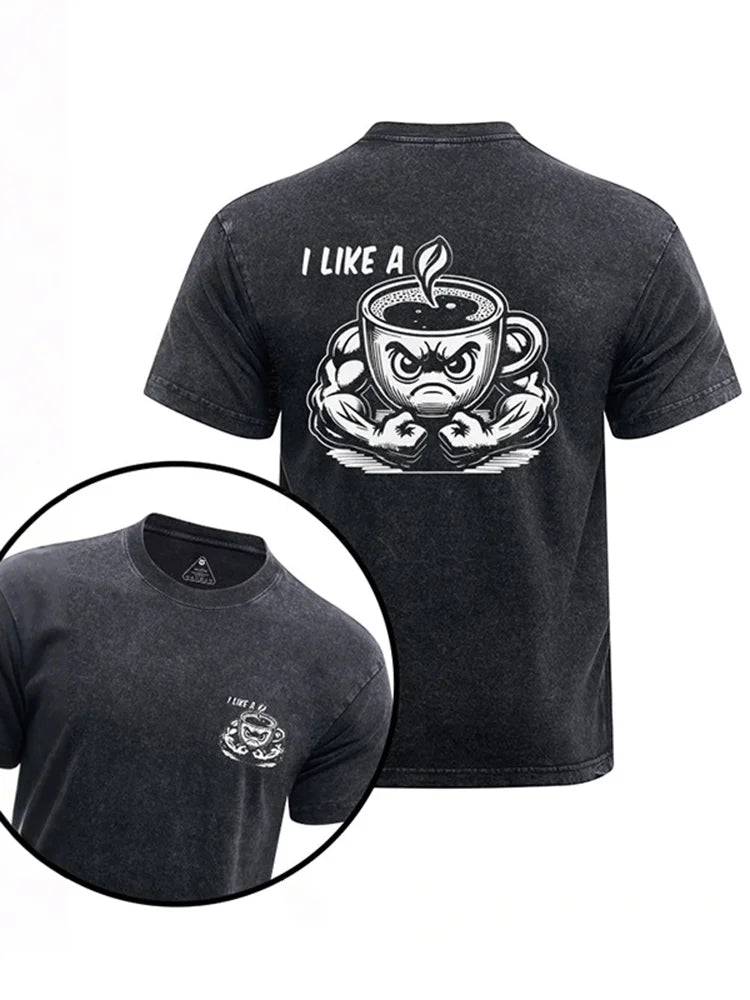 Cardydony I Like A Coffee Printed Washed Gym Shirt