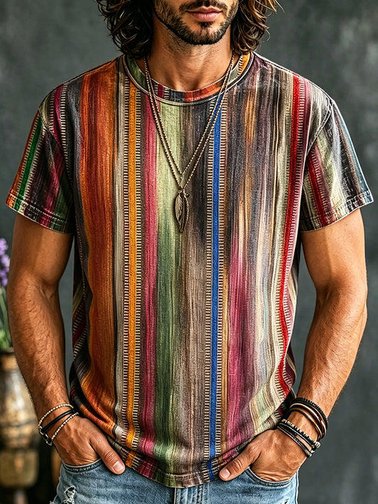 Cardydony Men's Hippie Color Stripes Print Retro T-shirt