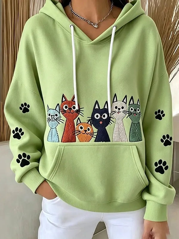 Cardydony Women's Retro Cute Cat Print Casual Hoodie