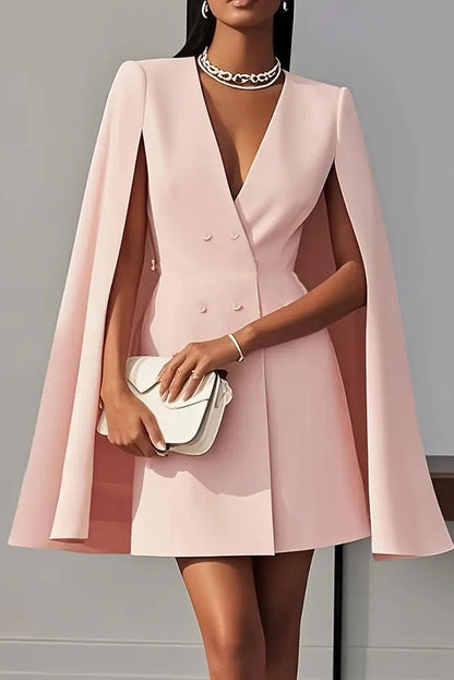 Cardydony Women's Solid Color V-Neck Double Breasted Cape Formal Mini Dress