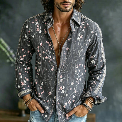 Cardydony Men's Retro Floral Embroidered Art Print Flowy Linen Blend Shirt