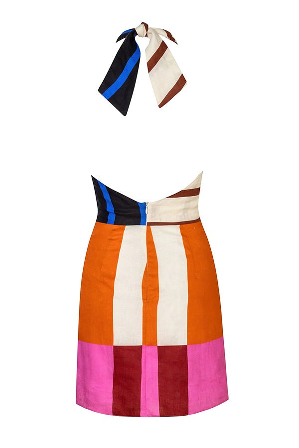 Cardydony Women's Jeniah Linen Blend Color Block Print Cross Halter Tie-up Loose Mini Dress