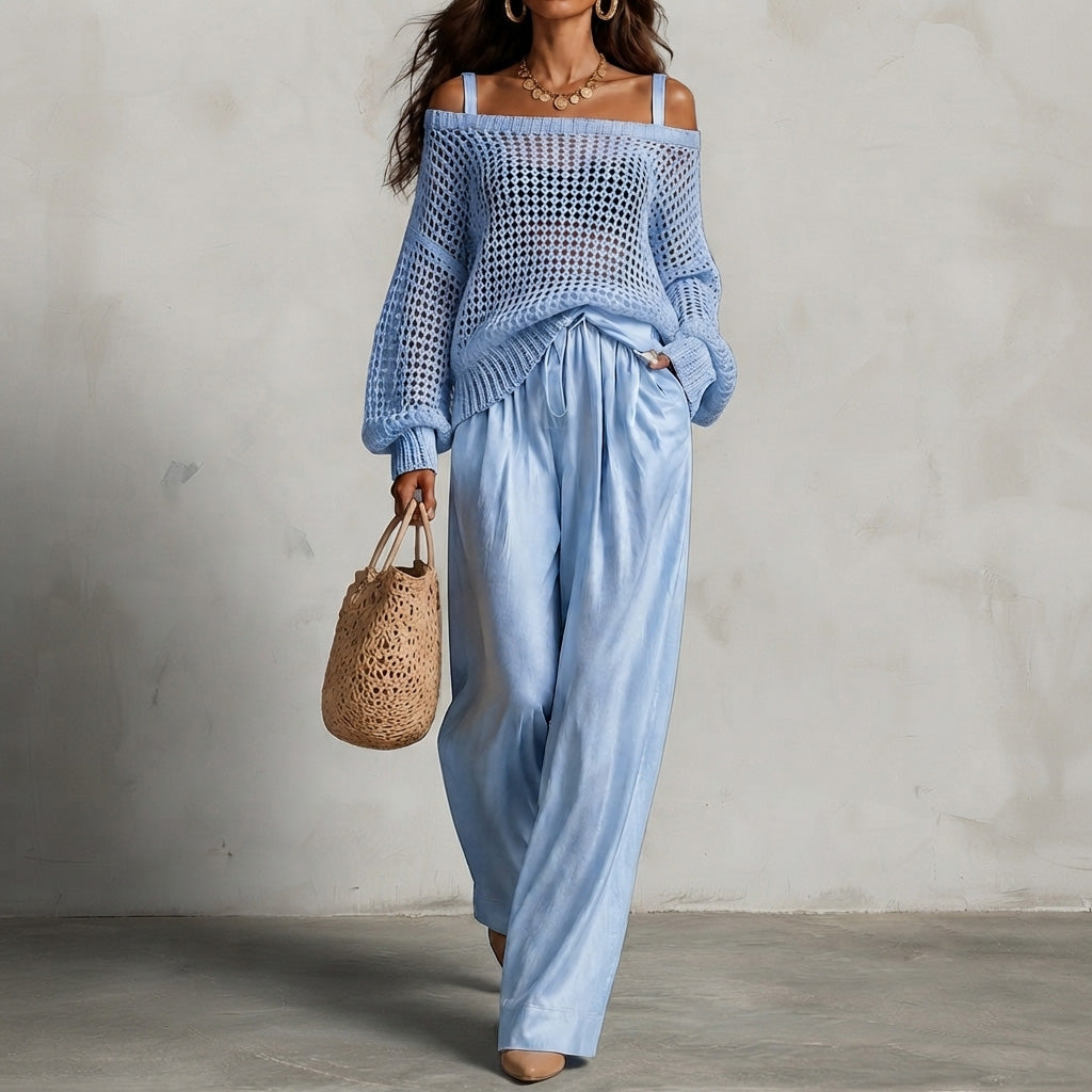 Cardydony Elegance Two-piece Set: Openwork Knit Top And Wide-leg Pants