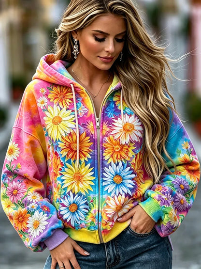 Cardydony Women's Retro Hippie Floral Print Long Sleeve Zip Up Hoodie
