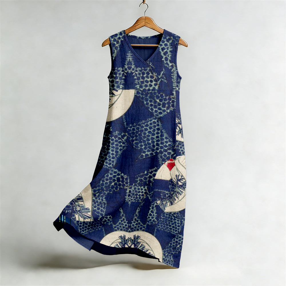 Cardydony Vintage Japanese Art Pattern Flowy Linen Midi Dress
