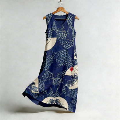 Cardydony Vintage Japanese Art Pattern Flowy Linen Midi Dress