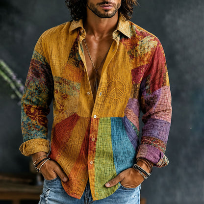 Cardydony Men's Hippie Art Rainbow Colorblock Peace Graphic Print Long Sleeve Shirt