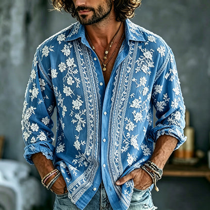 Cardydony Men's Summer Floral Embroidered Art Print Flowy Linen Blend Shirt