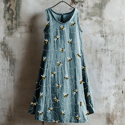 Cardydony Flying Bees Embroidered Linen Tank Dress