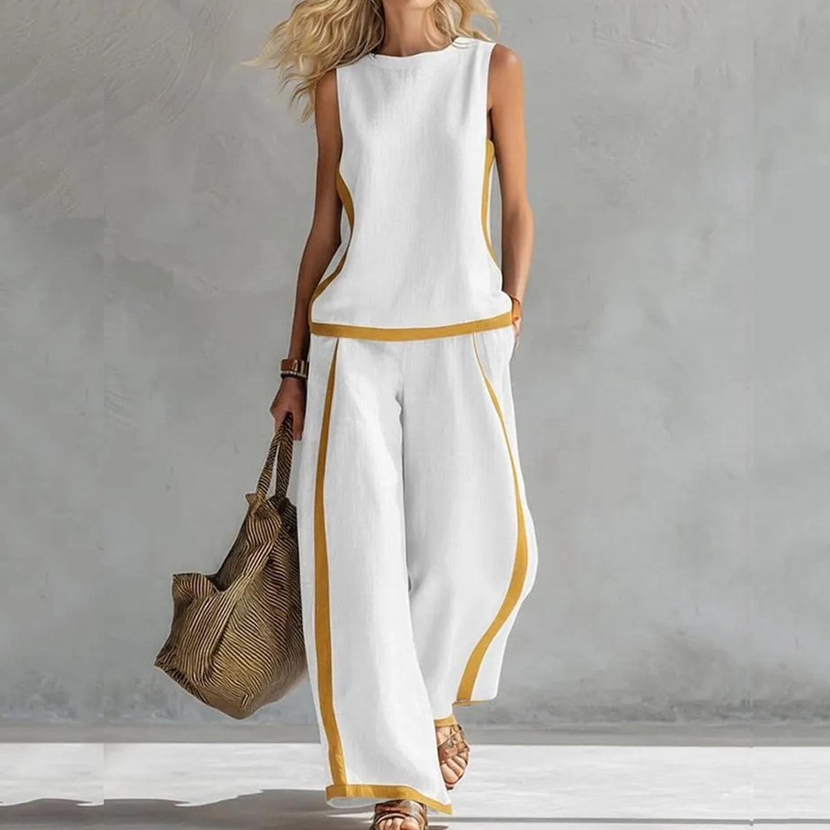 Cardydony Women's Solid Color Color Blocked Vest Long Pants Two Piece Set