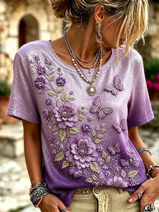 Cardydony Women's Vintage Floral And Butterfly Embroidery Art Round Neck Short Sleeve T-shirt