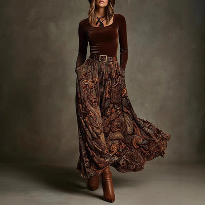 Cardydony Vintage Printed Velvet Belted Maxi Dress