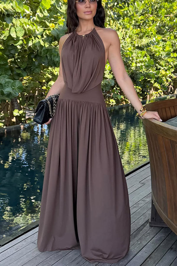 Cardydony Women's Lightweight Chic Metal Ring Drape Cowl Halter Neck Bodysuit and Elastic Waist Wide Leg Pants Set