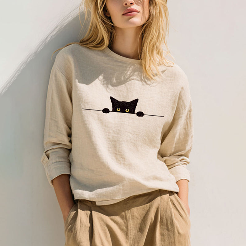 Cardydony Women's Casual Funny Black Cat Print T-shirt