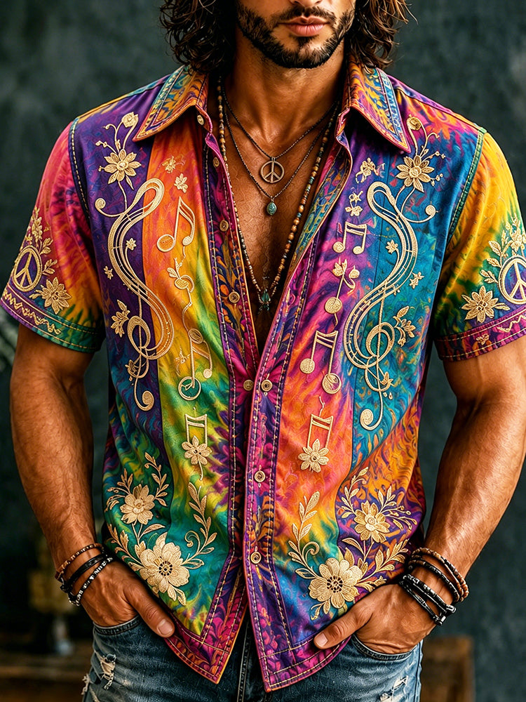Cardydony Men's Retro Hippie Floral With Note Embroidery Art Short Sleeve Shirt