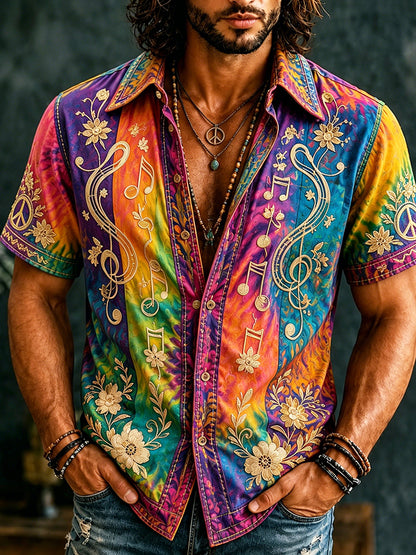 Cardydony Men's Retro Hippie Floral With Note Embroidery Art Short Sleeve Shirt