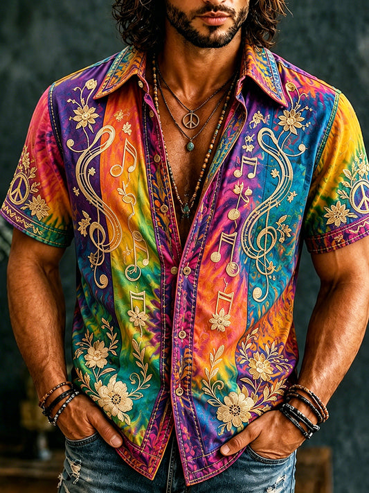 Cardydony Men's Retro Hippie Floral With Note Embroidery Art Short Sleeve Shirt
