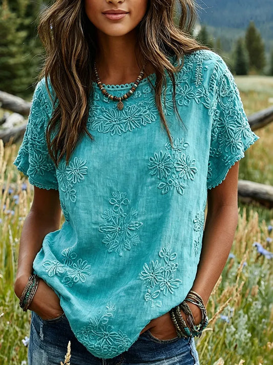 Cardydony Women's Vintage Floral Embroidered Art Flowy Linen Blend Casual Tops