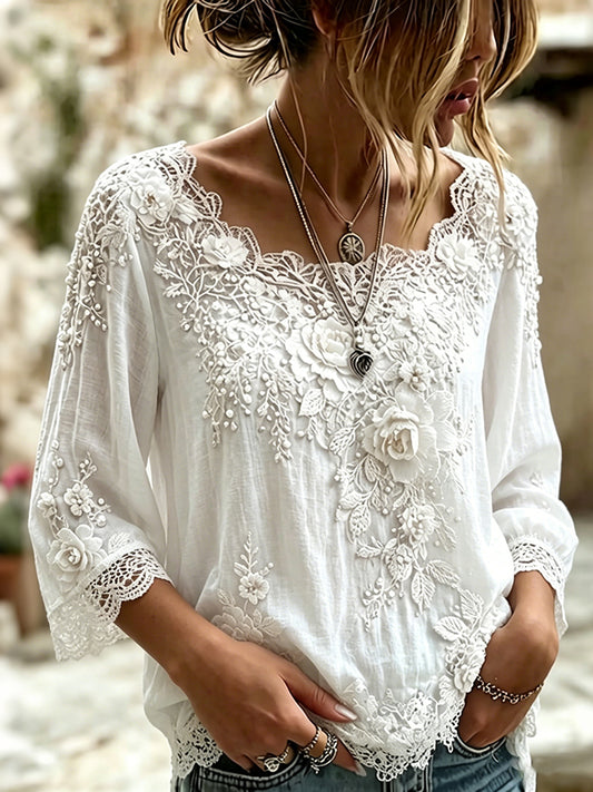 Cardydony Women's Retro Floral Art Casual Three-quarter Sleeve Linen Tops